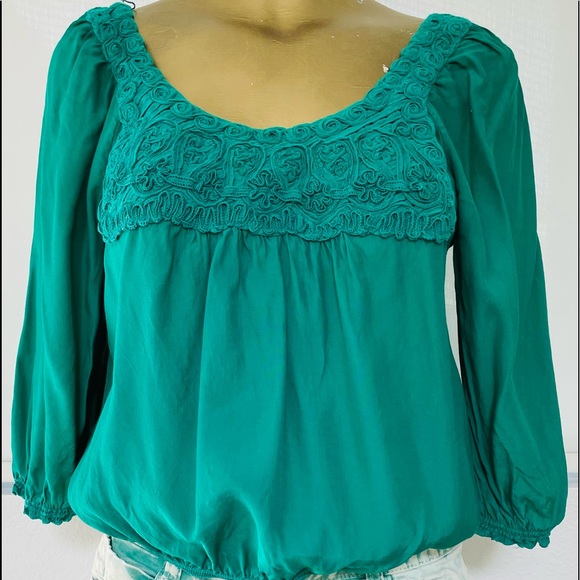 STUDIO M PETITE Green Boho Chic PEASANT TOP SP - Picture 11 of 11